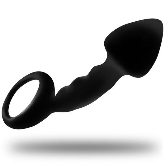 Black silicone butt plug on a white background