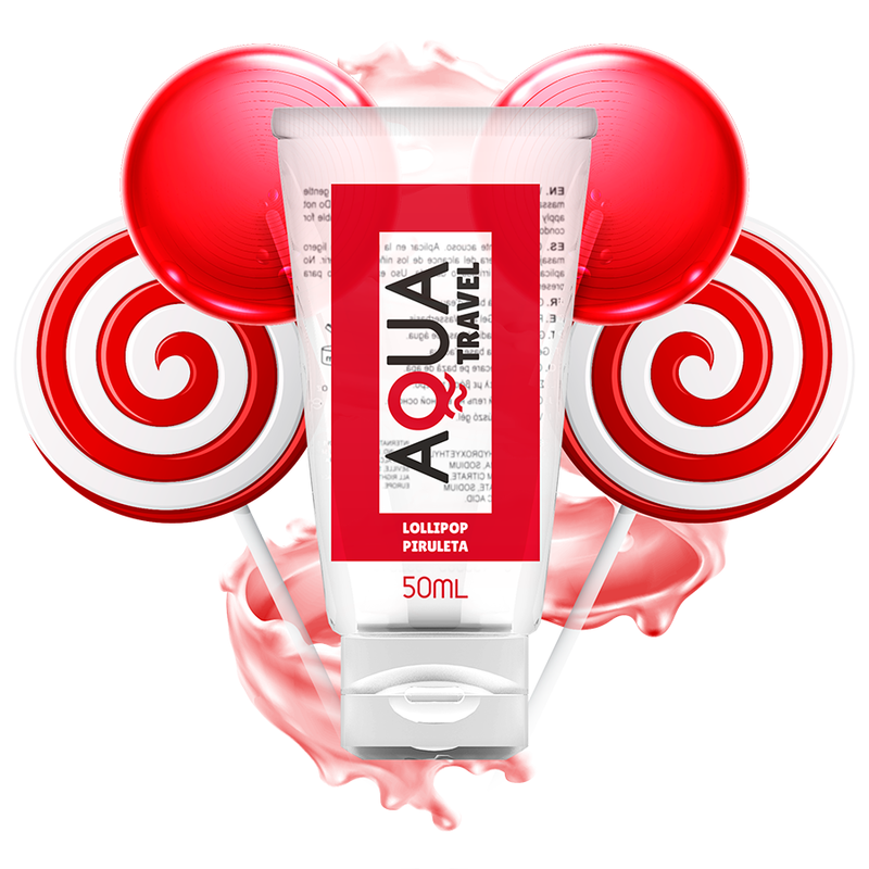Aqua Travel lip balm tube with red and white lollipops in the background