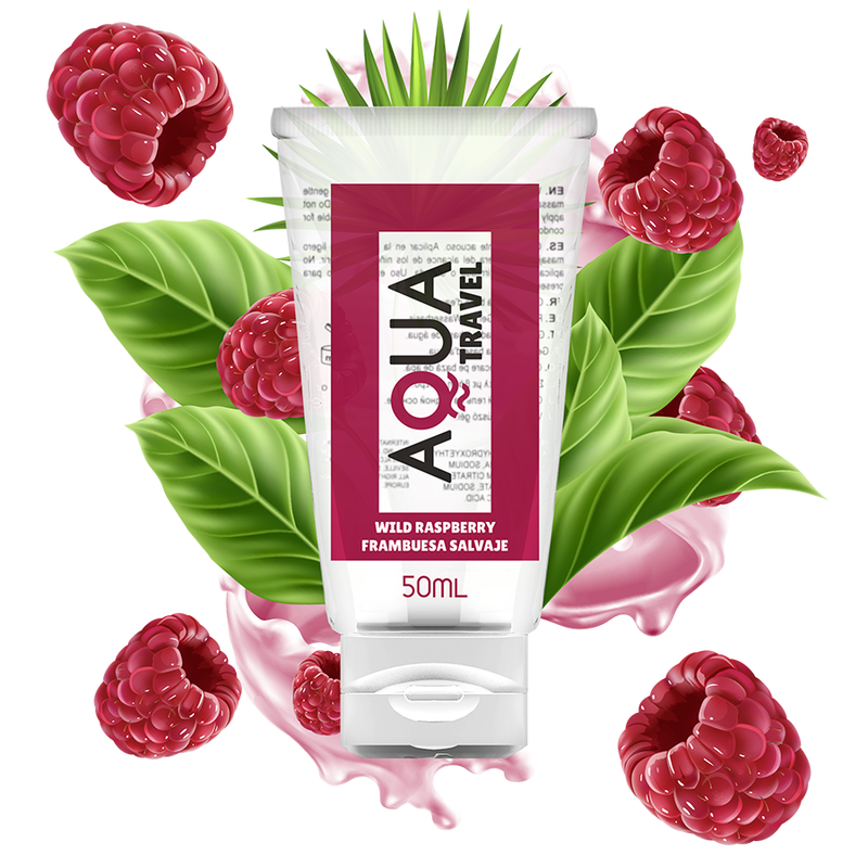 Aqua Travel wild raspberry skincare product with raspberries and leaves on a white background