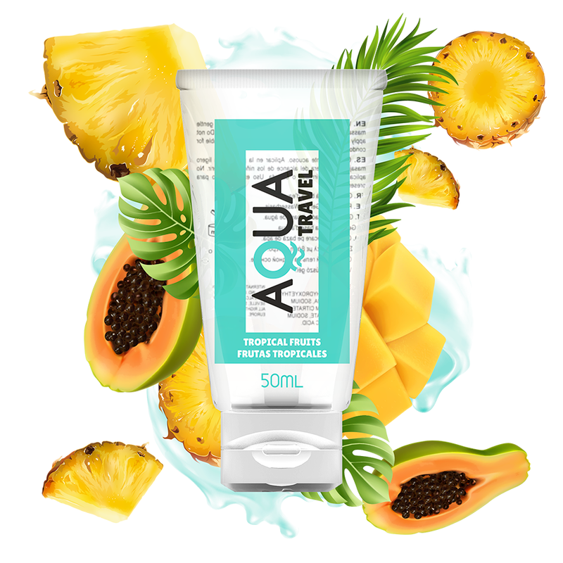Tube of 'Aqua Travel' tropical fruits skincare product with pineapple and papaya slices on a white background