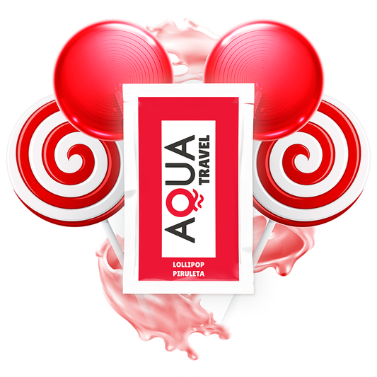 Aqua Travel lollipop packaging with red and white lollipops in the background