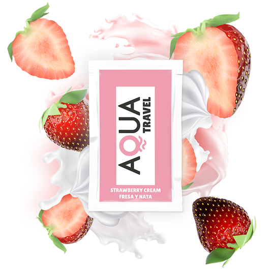 Aqua Travel strawberry cream product packaging with strawberries and cream on a white background