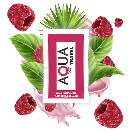 Aqua Travel wild raspberry soap bar with raspberries and leaves on a white background