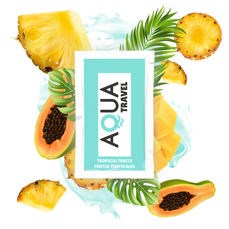 Tropical fruits with 'Aqua Travel' logo in the center