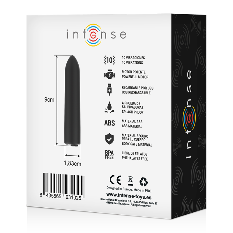 Product packaging with 'intense' branding and specifications on a white background