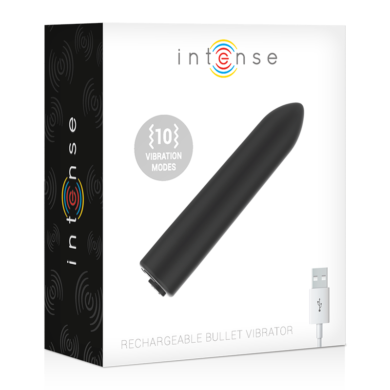 Rechargeable bullet vibrator packaging with 'intense' branding on a white background