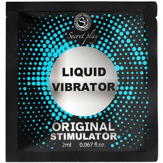 Packaging of a liquid vibrator product with blue and black design.