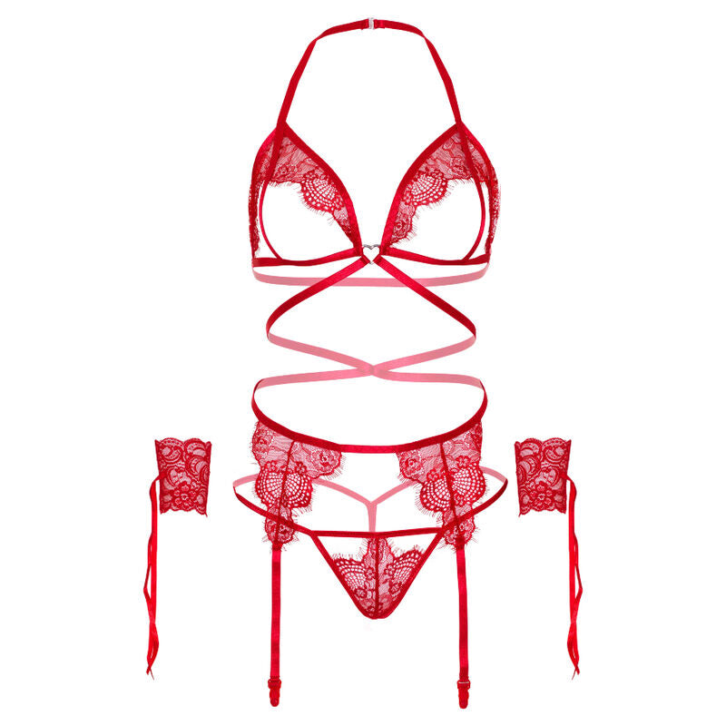 LEG AVENUE - FOUR PIECES SET BRA, G-STRING, GARTER BELT & WRIST CUFFS ONE SIZE - WHITE
