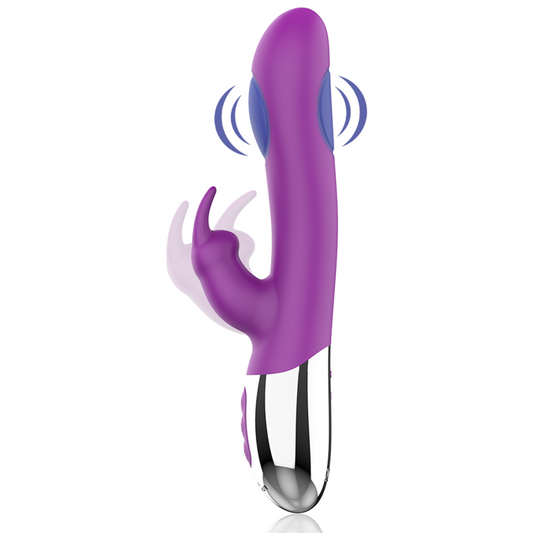 Purple and silver device with sound wave graphics on a white background