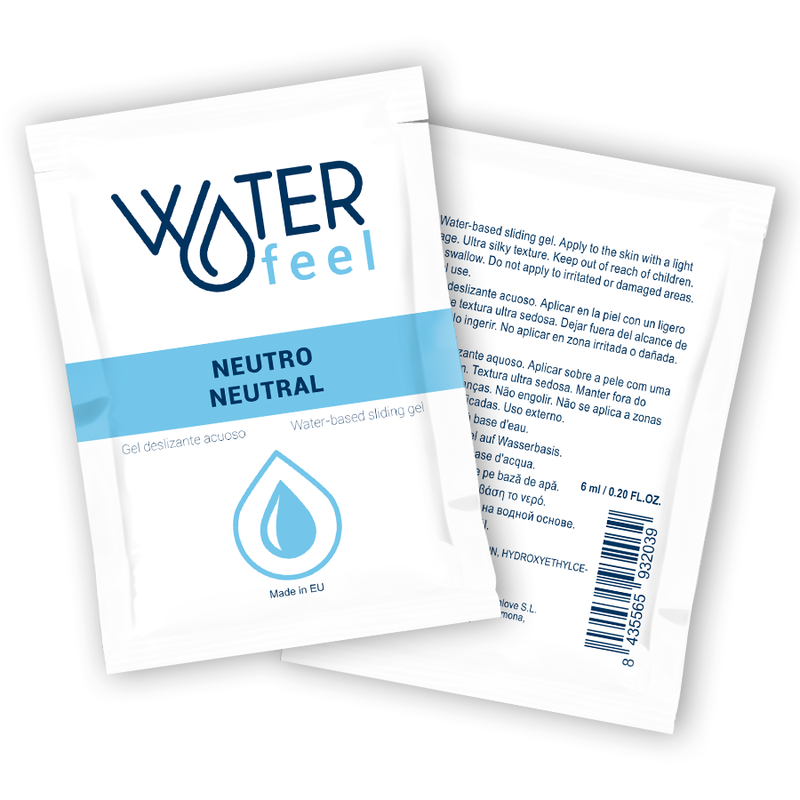 Two packets of Waterfeel neutral gel on a white background