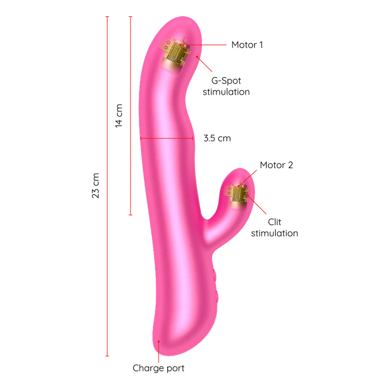 Pink sexual product with labeled parts and dimensions on a white background