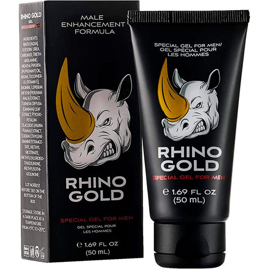 Rhino Gold male enhancement gel packaging with tube and box on a white background