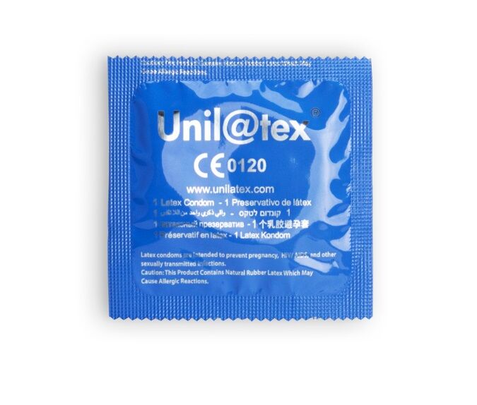 Blue Unil@tex condom packaging on a white background