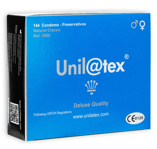 Unil@tex condom packaging box on a white background