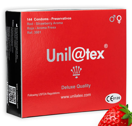 Unil@tex condom package with strawberry flavor indication on a white background