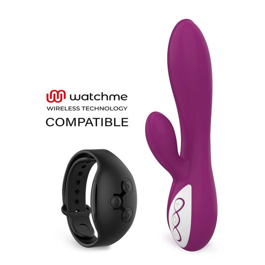 Purple device and black watch labeled 'watchme' on a white background