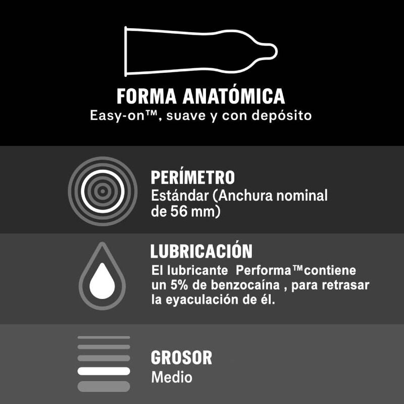 Product features with text and icons on a black background