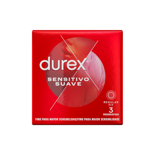 Red packaging of Durex Sensitive Suave condoms on a white background