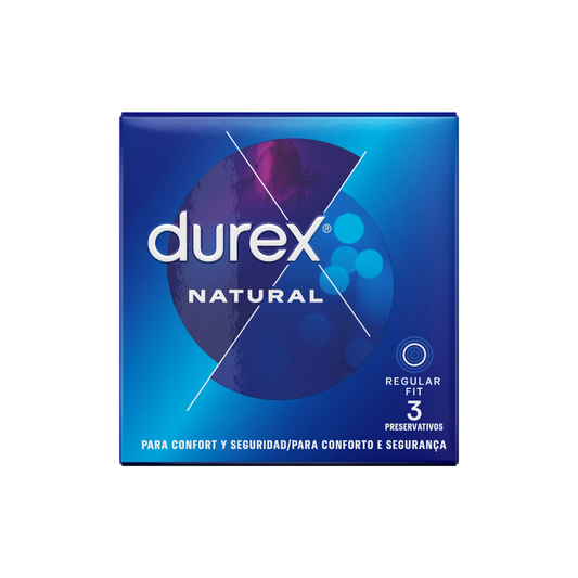 Durex Natural packaging with blue and purple design on a white background
