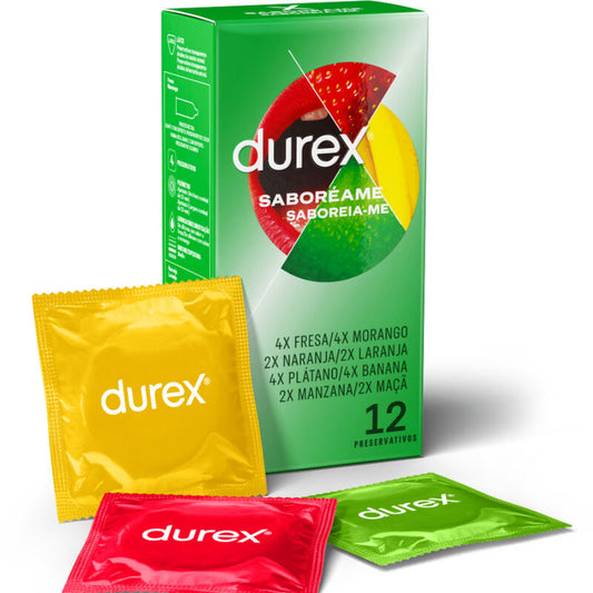Durex packaging with colorful condom packets on a white background