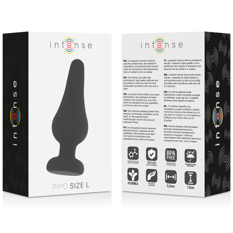 Intense product packaging with black device illustration on a white background