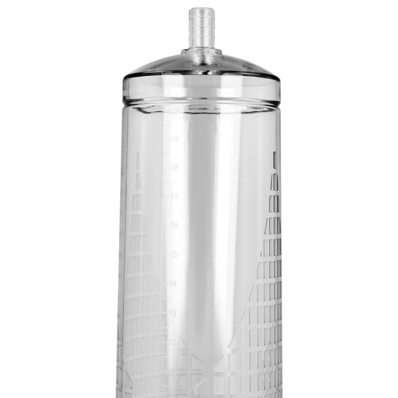 Clear cylindrical container with a metallic top on a white background