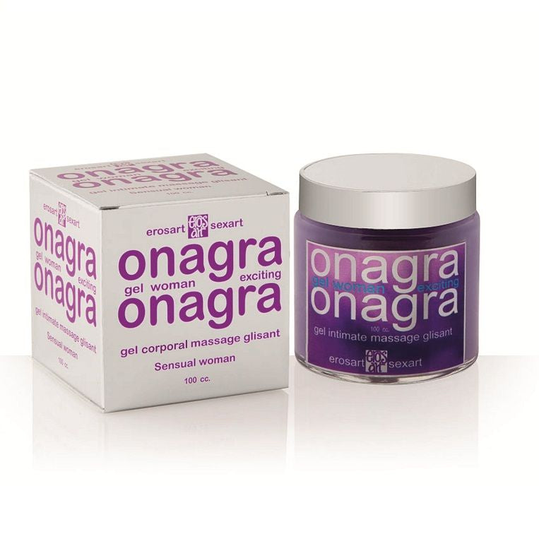 Onagra gel packaging with purple jar and white box on a white background