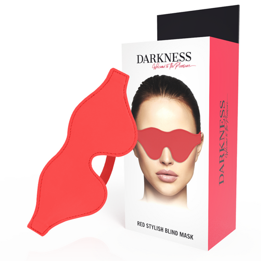 Red stylish blind mask with packaging displaying a woman's face wearing the mask, branded 'Darkness'.
