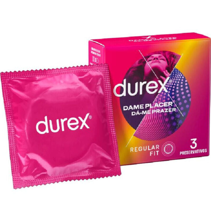 Durex packaging with a pink condom packet and colorful box on a white background