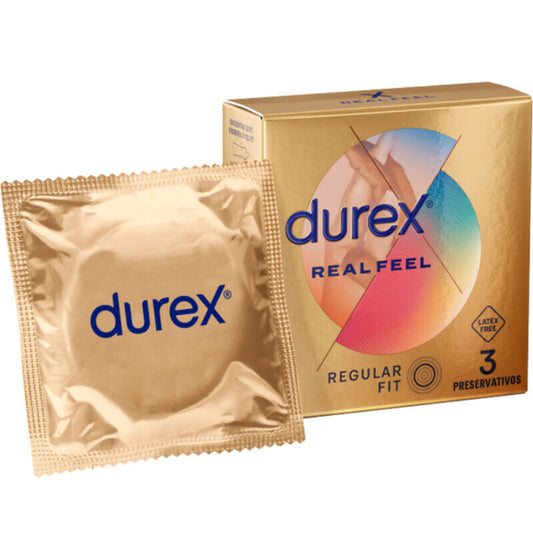 Durex Real Feel condoms packaging with a single condom on a white background