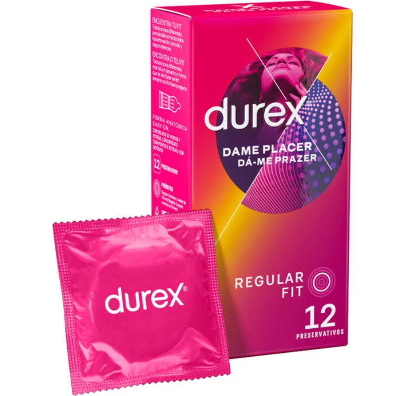 Durex packaging with a pink condom packet on a white background