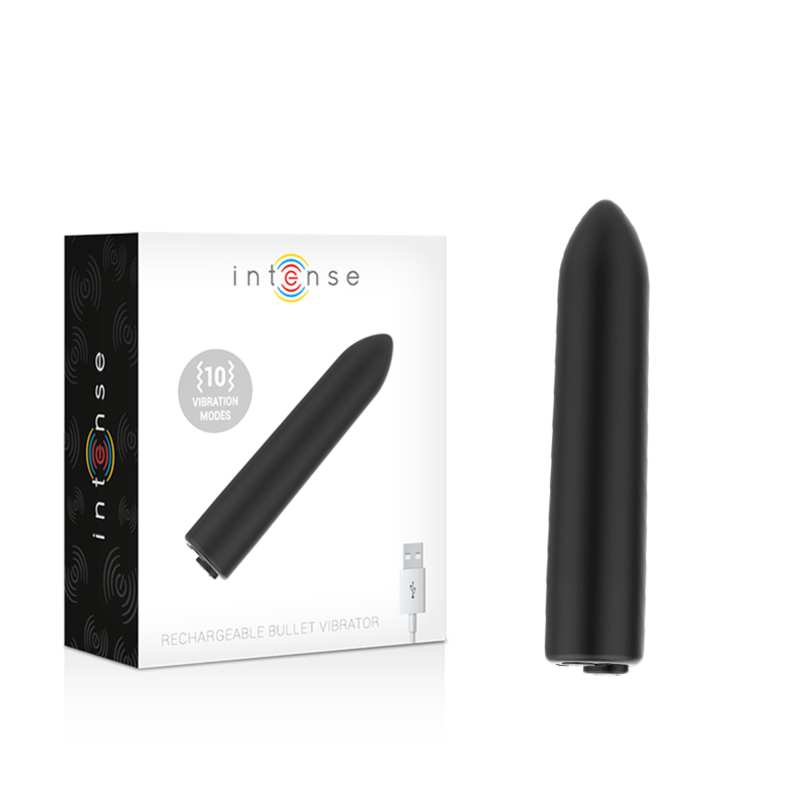Black rechargeable bullet vibration device with packaging on a white background