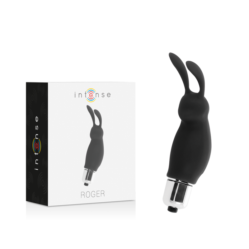 Black rabbit-shaped toy with 'intense' branding on a white background