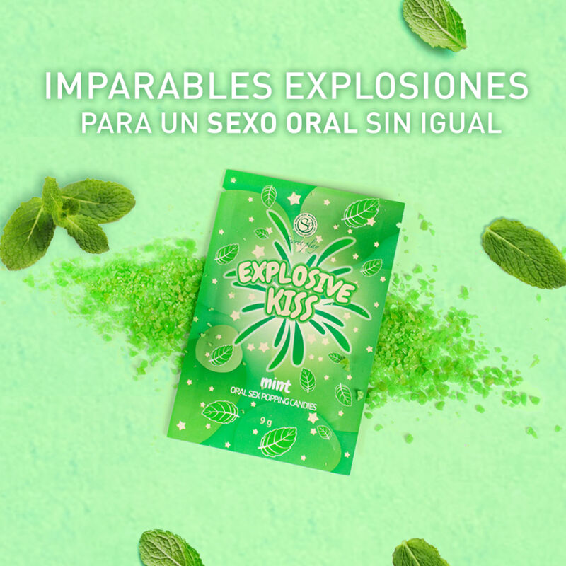 Green packaging of 'Explosive Kiss' mint-flavored oral poppers with mint leaves on a green background.