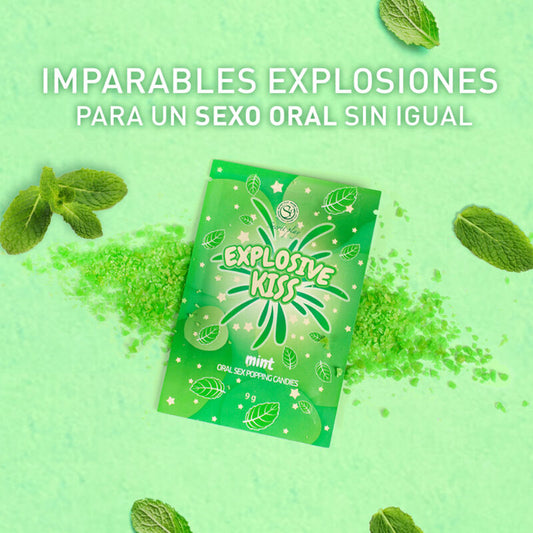 Green packaging of 'Explosive Kiss' mint-flavored oral poppers with mint leaves on a green background.