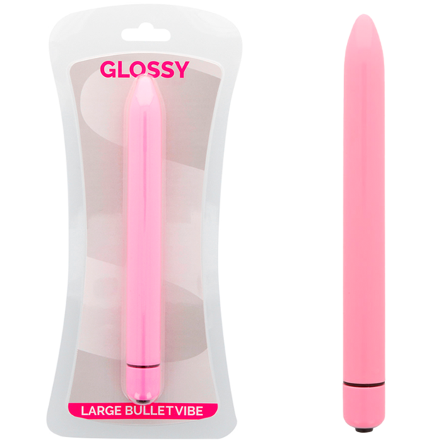 Pink large bullet vibe with packaging labeled 'Glossy' on a white background