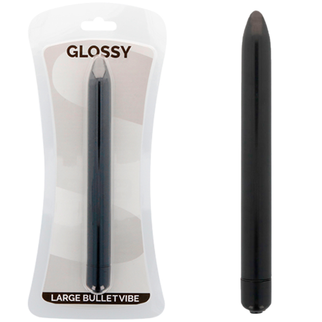 Black large bullet vibe with packaging labeled 'Glossy' on a white background