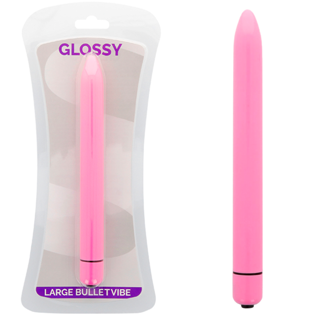 Pink large bullet vibe with packaging labeled 'Glossy' on a white background
