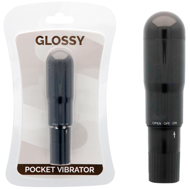 Black pocket vibrator with packaging labeled 'Glossy Pocket Vibrator' on a white background