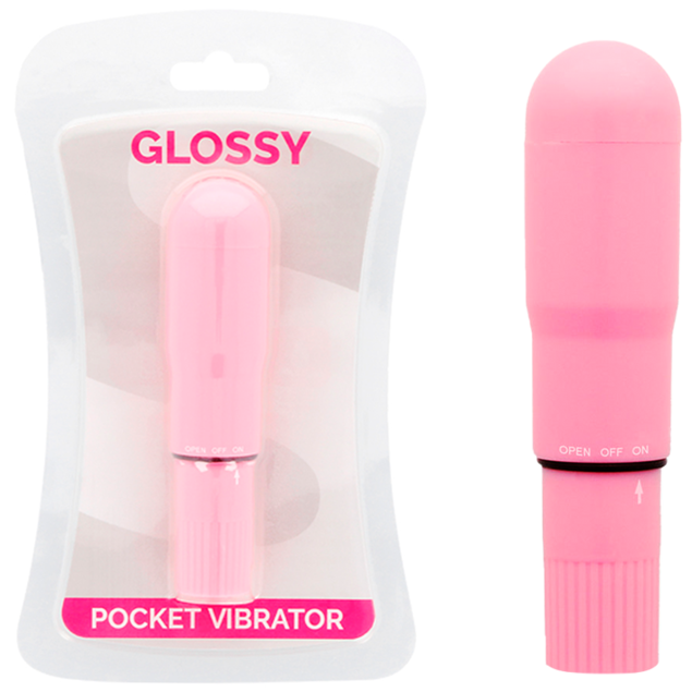 Pink pocket vibrator with 'Glossy' branding on a white background