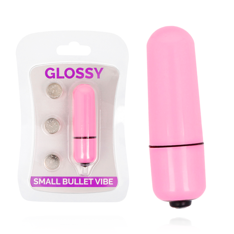 Pink small bullet vibe with 'Glossy' packaging on a white background