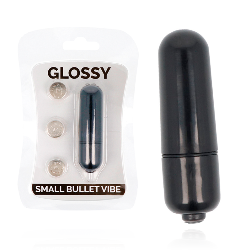 Black small bullet vibe with packaging labeled 'Glossy' on a white background