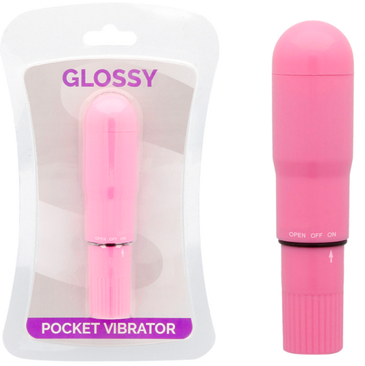 Pink pocket vibrator with packaging displaying the brand 'Glossy'.