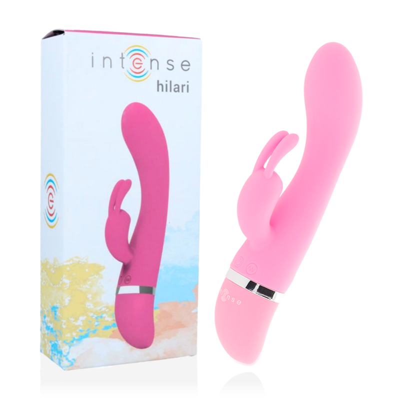Pink toy with 'intense hilari' packaging on a white background
