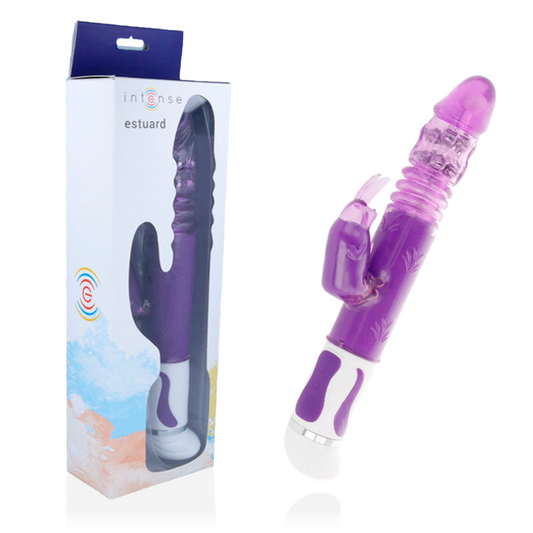 Purple and white toy with packaging on a white background