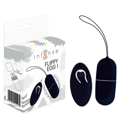 Black 'Flippy Egg' device with packaging labeled 'intense' on a white background
