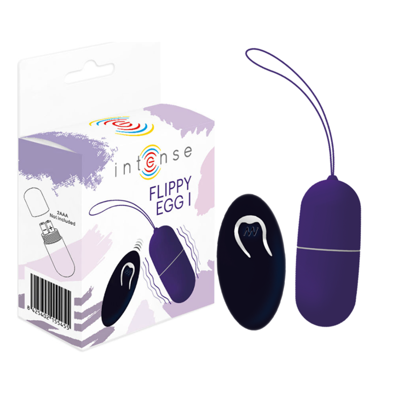 Purple and black flippable egg with packaging labeled 'intense' on a white background