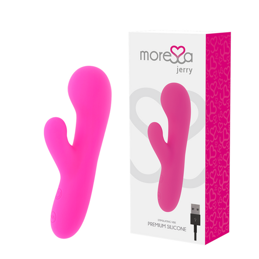 Pink silicone device with packaging featuring 'moreca' branding on a white background