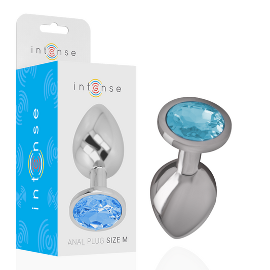 Anal plug with blue gem and packaging labeled 'intense' on a white background