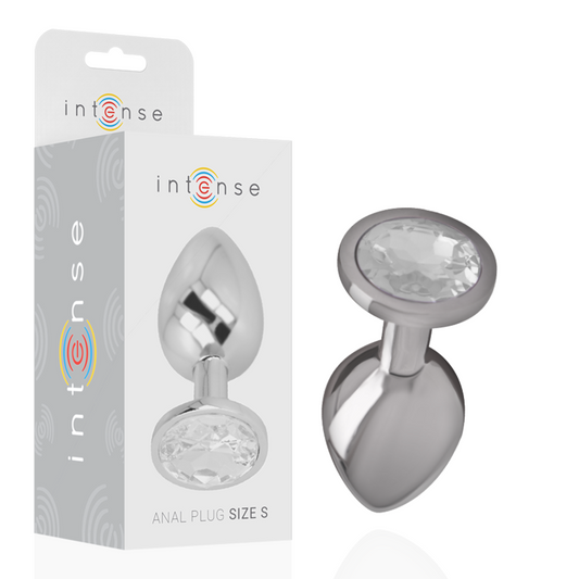Silver anal plug with packaging labeled 'intense' on a white background